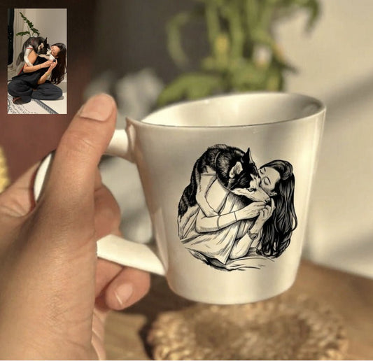Custom caricature coffee mug featuring illustrated artwork created from an uploaded photo