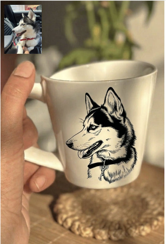 Personalized latte mug featuring a custom photo caricature illustration with vibrant printing, designed for gifting and everyday coffee moments.