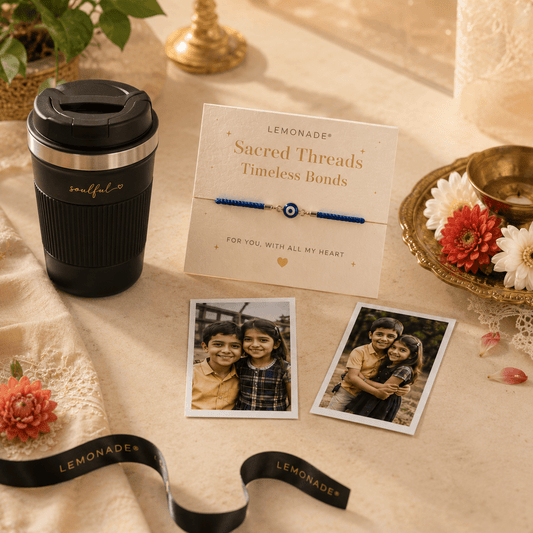 Personalized Travel Mug Rakhi Hamper with custom name travel mug, Rakhi, sweets, and photo notecard in a premium gift box.