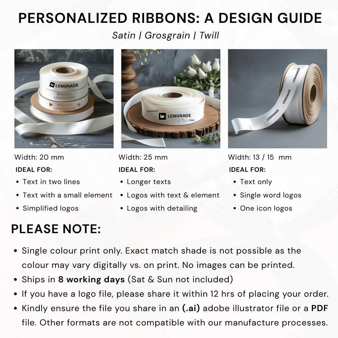 Personalized ribbon in vibrant colors for gifts, celebrations, and special events. Lemonade Stationery - Personalized ribbon guide