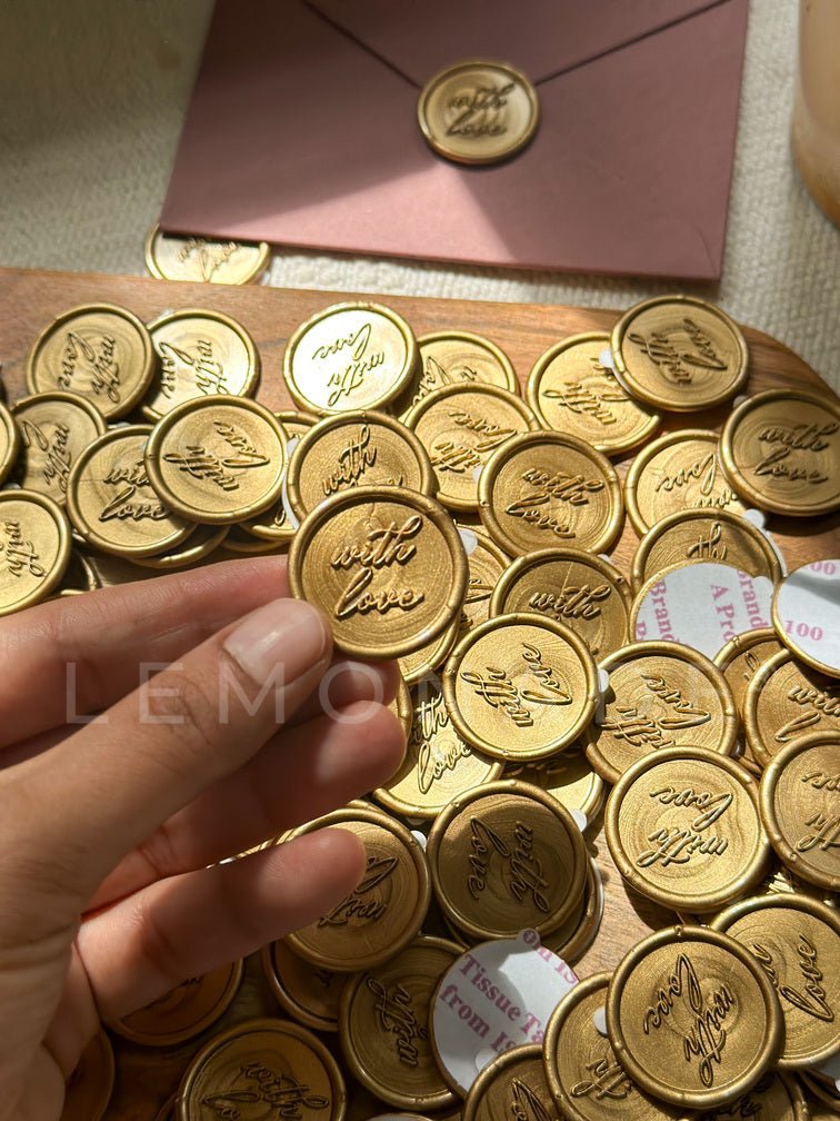 Pre Design - Self Adhesive | Peel - n - Stick Wax Buttons - With Love - Gold - 1 inch - LemonadeCustom Stamps