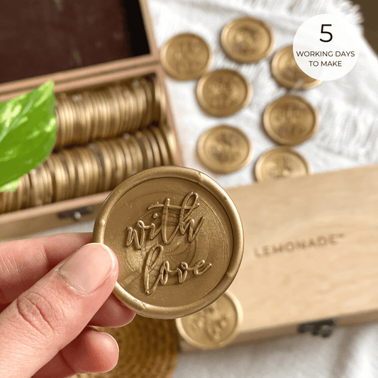 Pre Design - Self Adhesive | Peel - n - Stick Wax Buttons - With Love - Gold - 1.4 Inch - LemonadeCustom Stamps