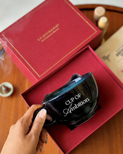 Pre-designed black cappuccino cup with premium gift box for coffee lovers and gifting occasions.
