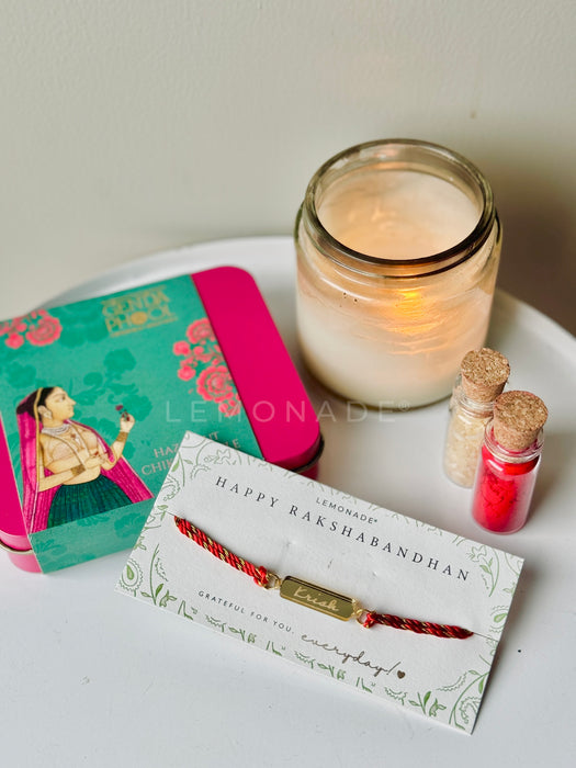 Personalized - Acrylic Rakhi - Chikki Hamper with Roli Chawal