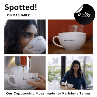 Personalized white cappuccino mug with custom text design from Lemonade India | Karishma Tanna
