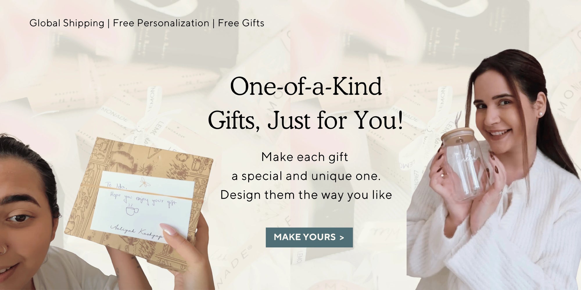 Advertisement for personalized gifting ideas, featuring text about global shipping, free personalization, and free gifts.