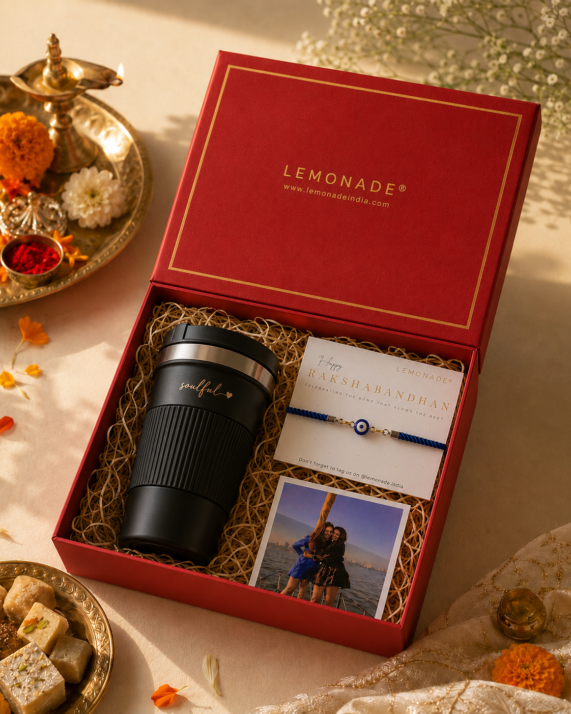Personalized Travel Mug Rakhi Hamper with custom name travel mug, Rakhi, sweets, and photo notecard in a premium gift box.
