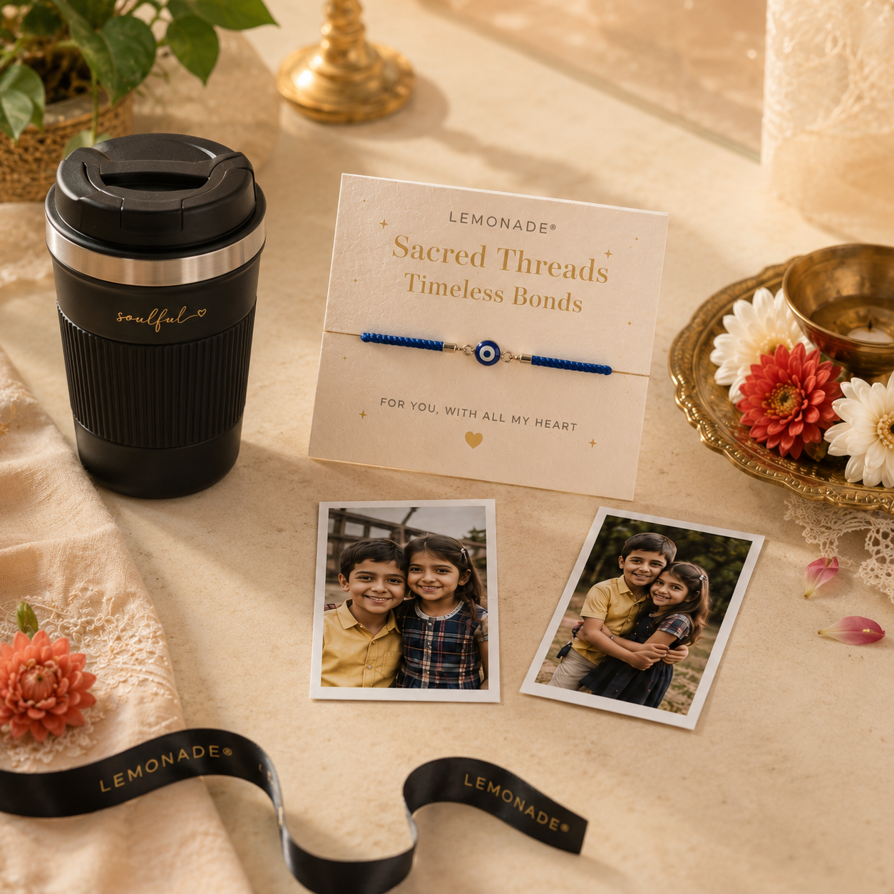 Personalized Travel Mug Rakhi Hamper with custom name travel mug, Rakhi, sweets, and photo notecard in a premium gift box.