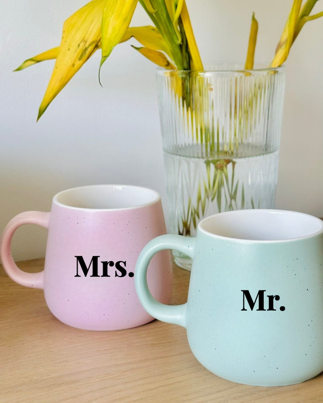 Pre-designed pastel couple mug set with gift box for anniversaries, weddings, and special occasions.