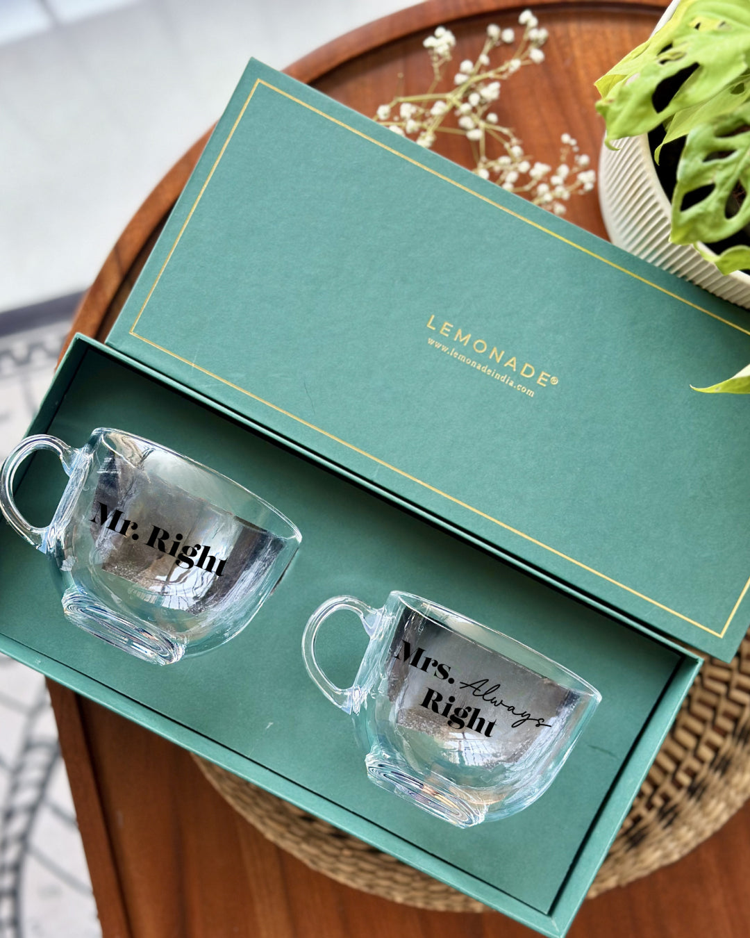 Pre-designed clear couple mug set with gift box for anniversaries, weddings, and special occasions.