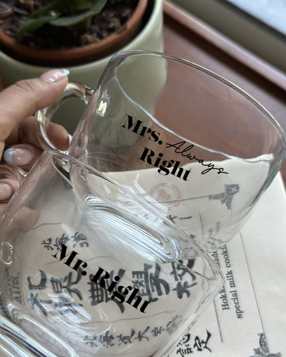 Pre-designed clear couple mug set with gift box for anniversaries, weddings, and special occasions.