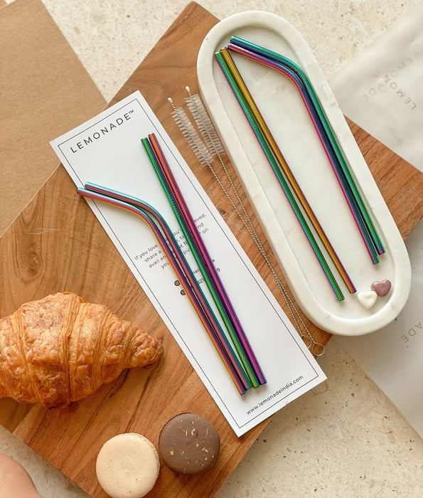 Eco - friendly Stainless Steel Straws - Holographic - Set of 4 + Cleaner - LemonadeHome