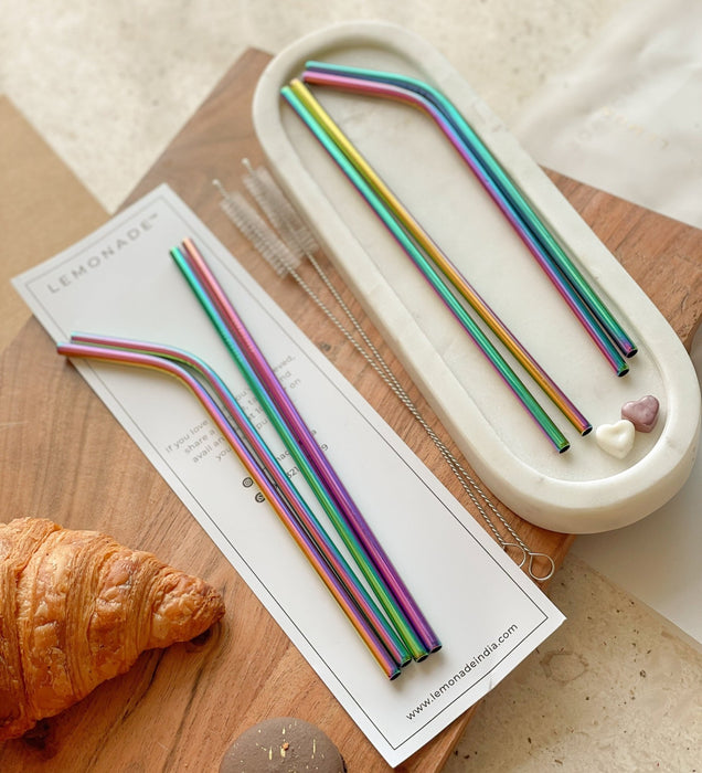 Eco - friendly Stainless Steel Straws - Holographic - Set of 4 + Cleaner - LemonadeHome