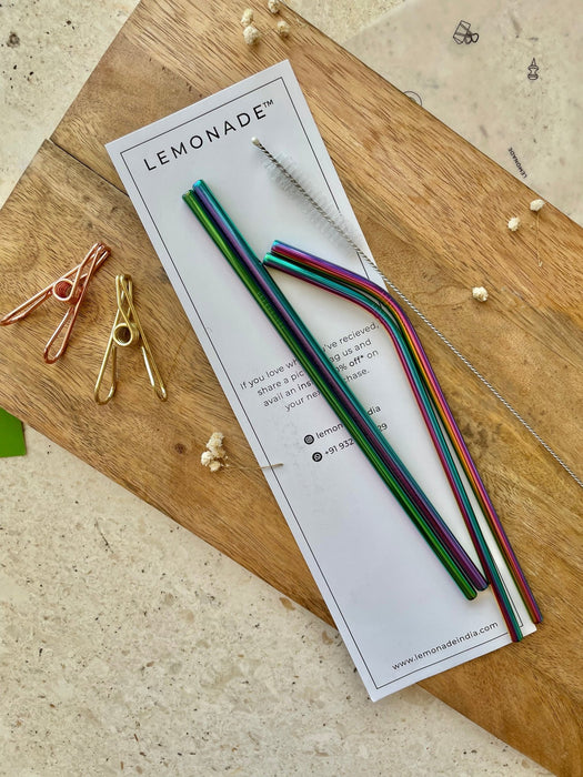 Eco - friendly Stainless Steel Straws - Holographic - Set of 4 + Cleaner - LemonadeHome