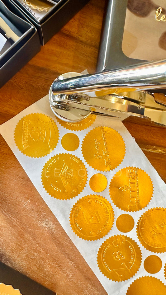 Embosser sticker sheets – 102 gold self-adhesive scalloped stickers for custom embossing seals by Lemonade