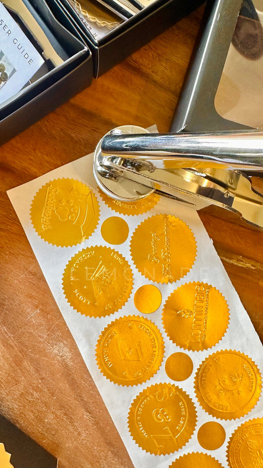 Embosser sticker sheets – 102 gold self-adhesive scalloped stickers for custom embossing seals by Lemonade