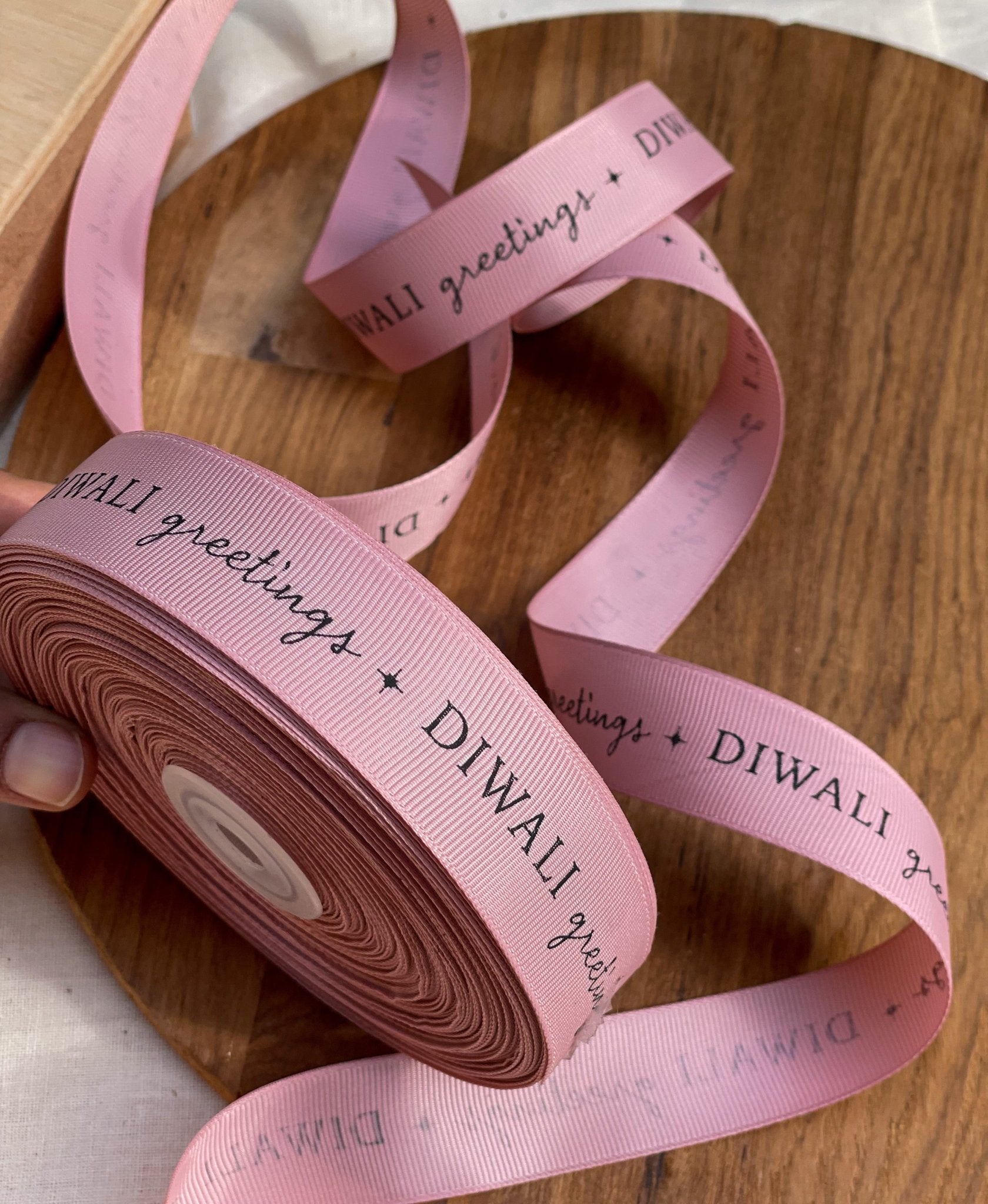 Pre-designed festive ribbon with printed designs for gift wrapping and decorations.
Diwali Greetings - Pink  LemonadeStationery