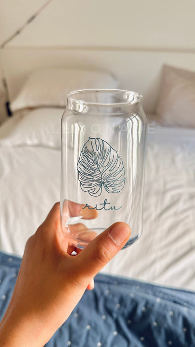 Personalized - Artisan Can Glass - Leafy - With Straw | Artisan Collection - LemonadeHome