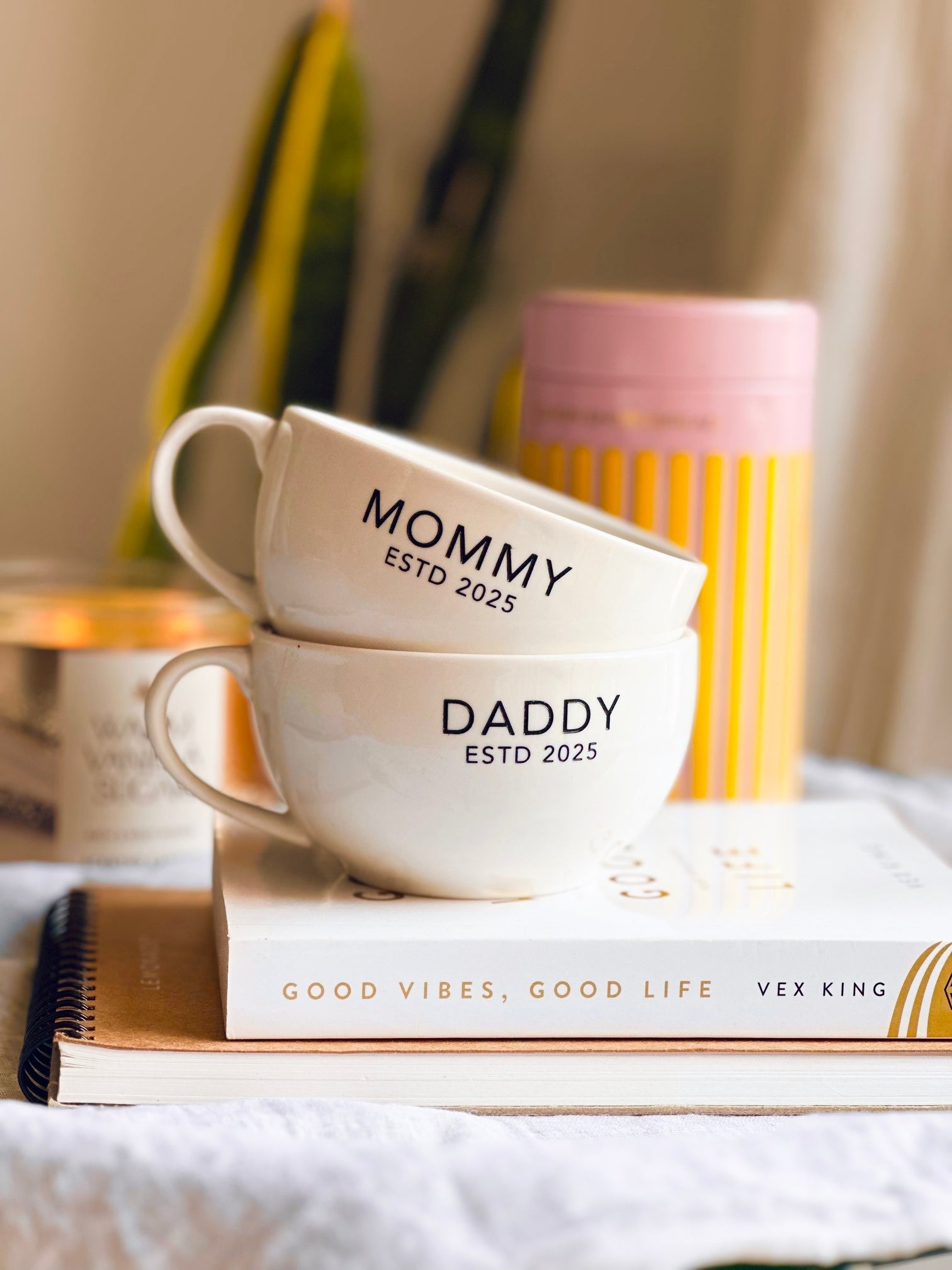 Personalized cappuccino mug set for couples, Mommy and Daddy edition, Stacked white ceramic mugs customized for new parents