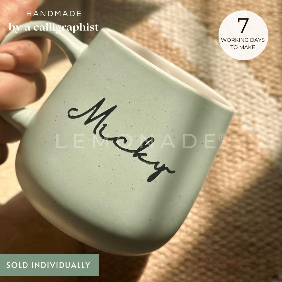 Personalized pastel ceramic coffee mug with cursive text from the Artisan Collection.