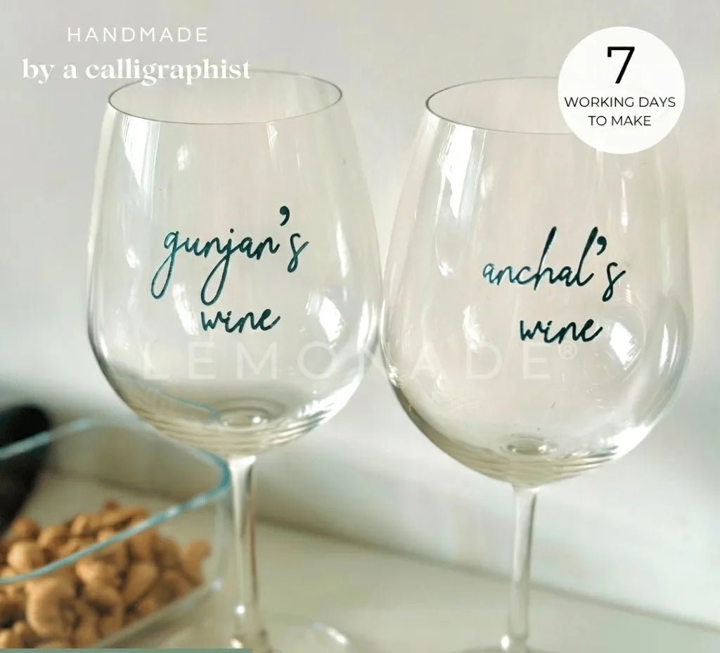 Pair of premium personalized artisan wine glasses with custom calligraphy