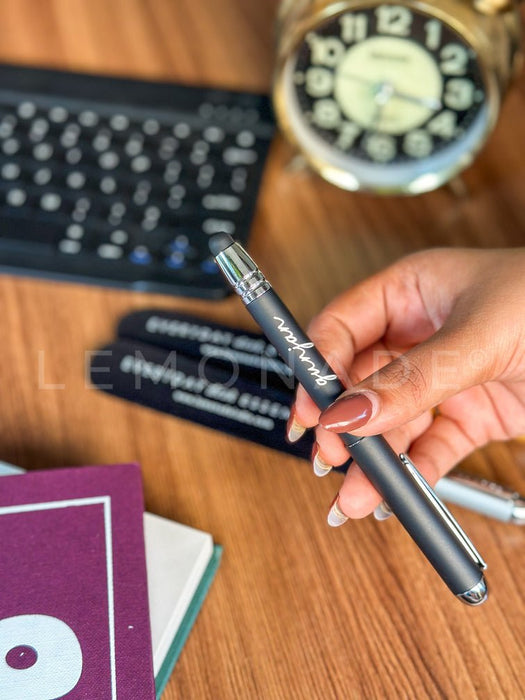 Personalized - Ball Pen with Inbuilt Ink Stamp & Stylus - Cursive - LemonadeStationery