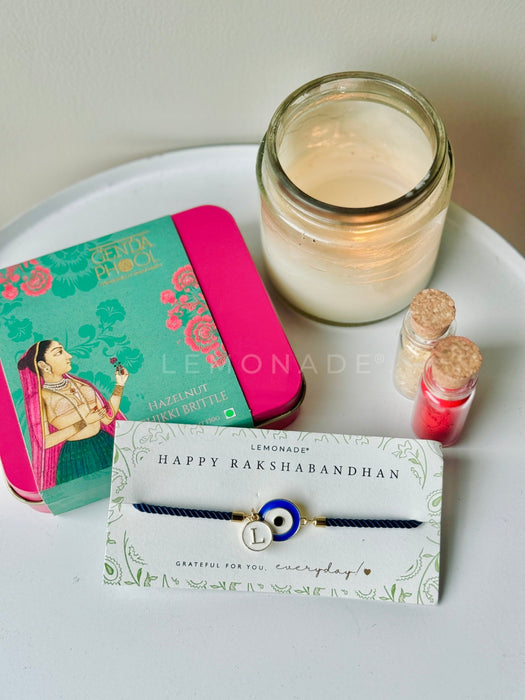 Personalized - Evil Eye Rakhi - Chikki Hamper with Roli Chawal - LemonadeLuxe Gifting