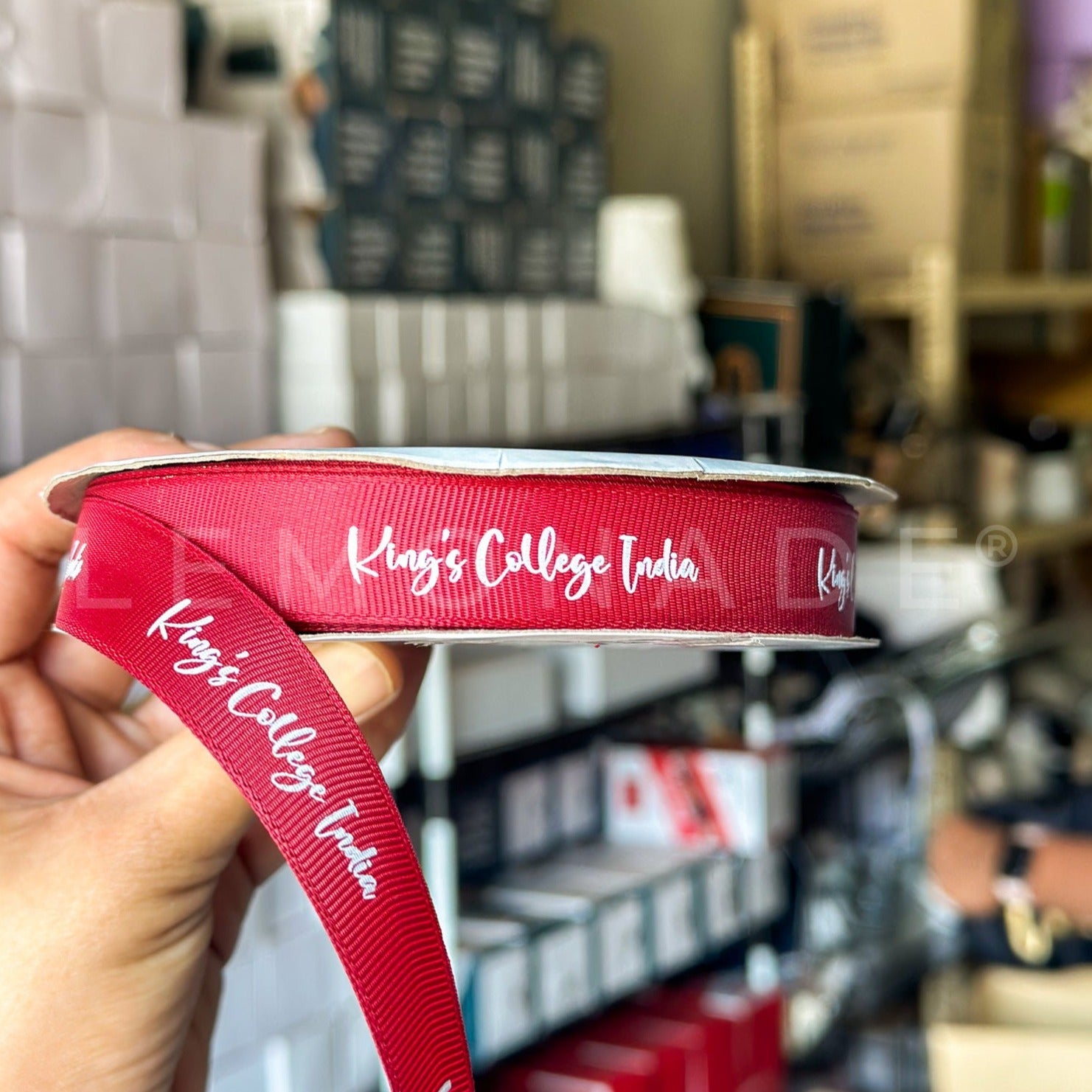 Personalized grosgrain ribbon in vibrant colors for gifts, celebrations, and special events. Red Ribbon 20mm - Brush Font - LemonadeStationery