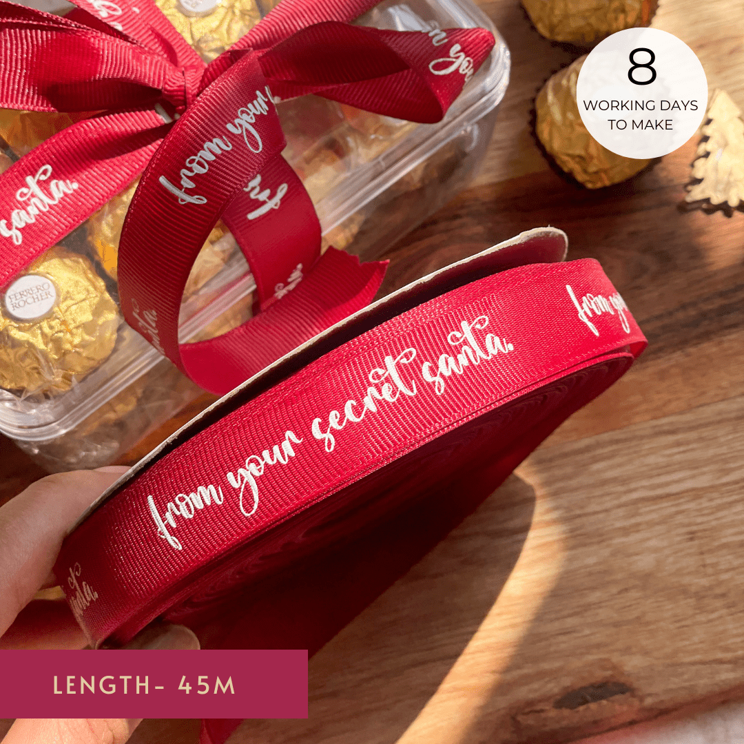 Personalized grosgrain ribbon in vibrant colors for gifts, celebrations, and special events. Red Ribbon 20mm - Brush Font - LemonadeStationery