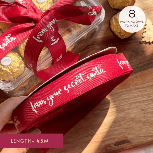 Personalized grosgrain ribbon in vibrant colors for gifts, celebrations, and special events. Red Ribbon 20mm - Brush Font - LemonadeStationery