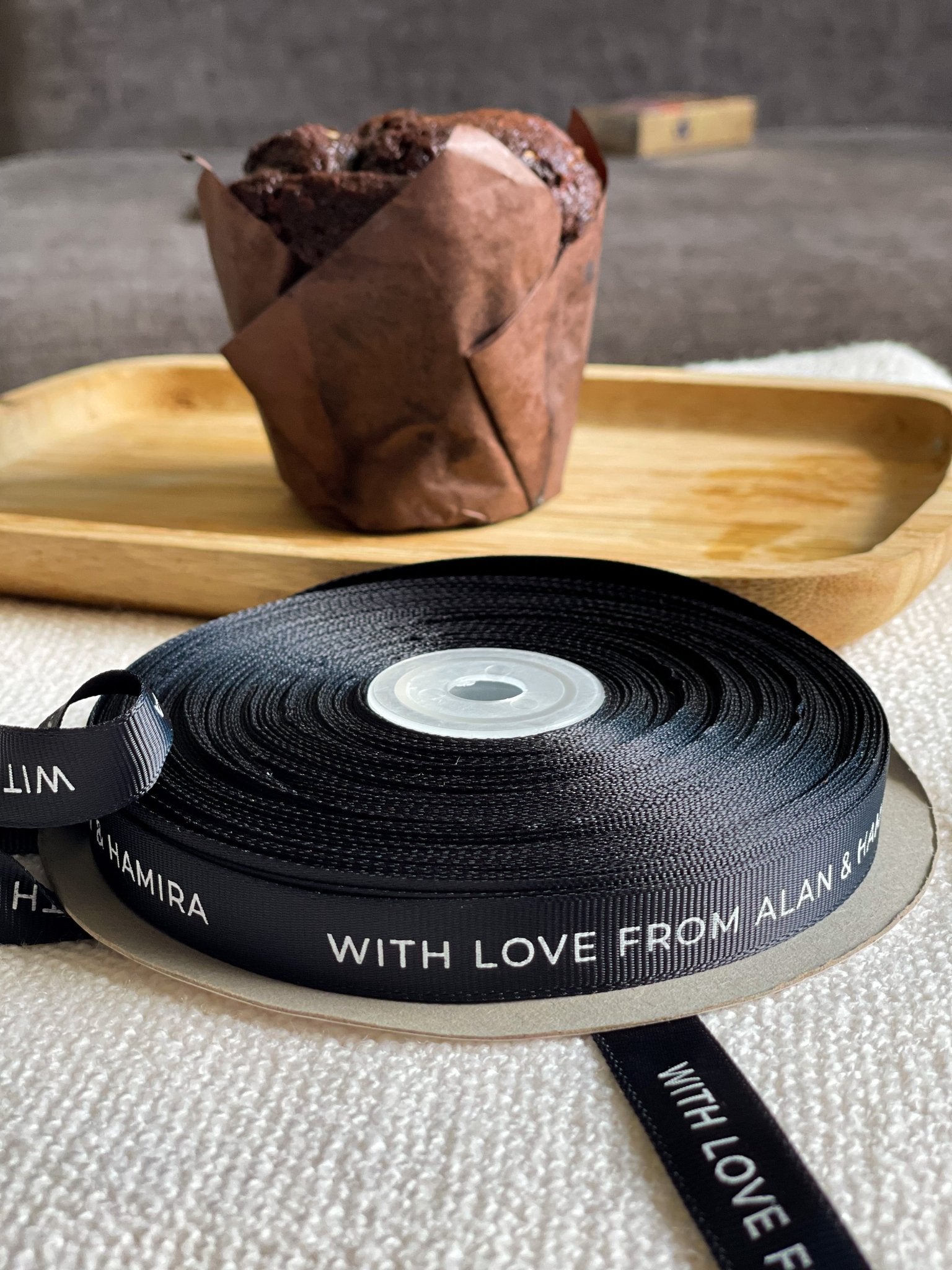 Personalized grosgrain ribbon in vibrant colors for gifts, branding, celebrations, and special events. Black- Lemonade Stationery 