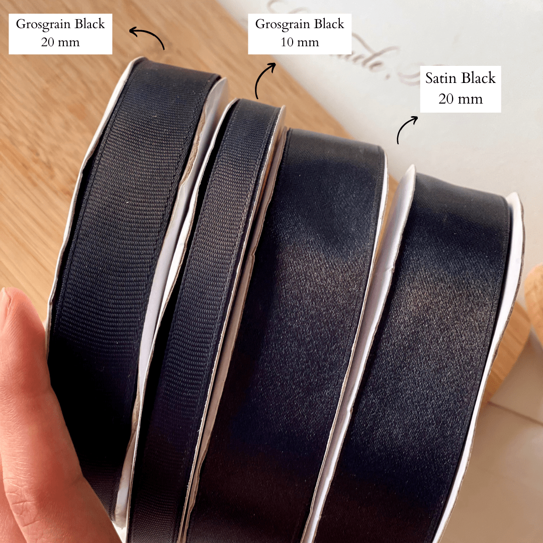Personalized grosgrain ribbon in vibrant colors for gifts, branding, celebrations, and special events. Black- Lemonade Stationery 