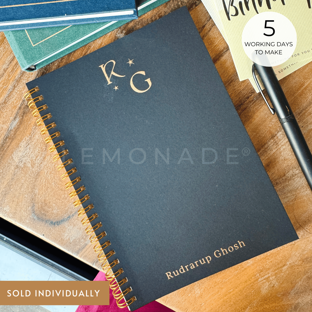 Minimalist personalized black spiral notebook with custom initials LemonadeStationery