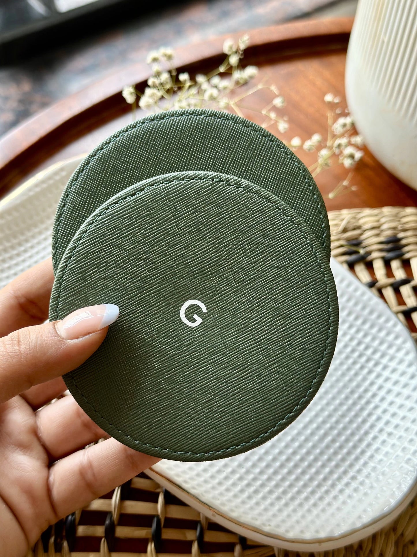 Personalized leather coaster with engraved monogram initial