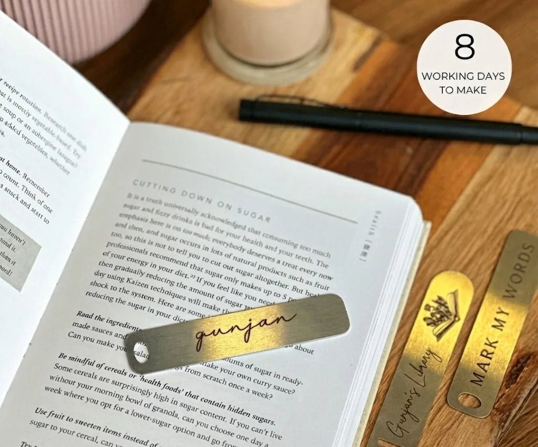  Premium engraved brass and silver bookmarks featuring custom typography