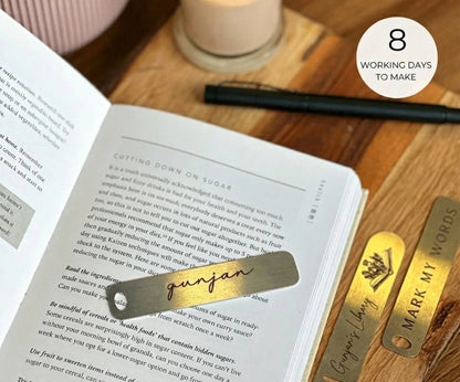  Premium engraved brass and silver bookmarks featuring custom typography