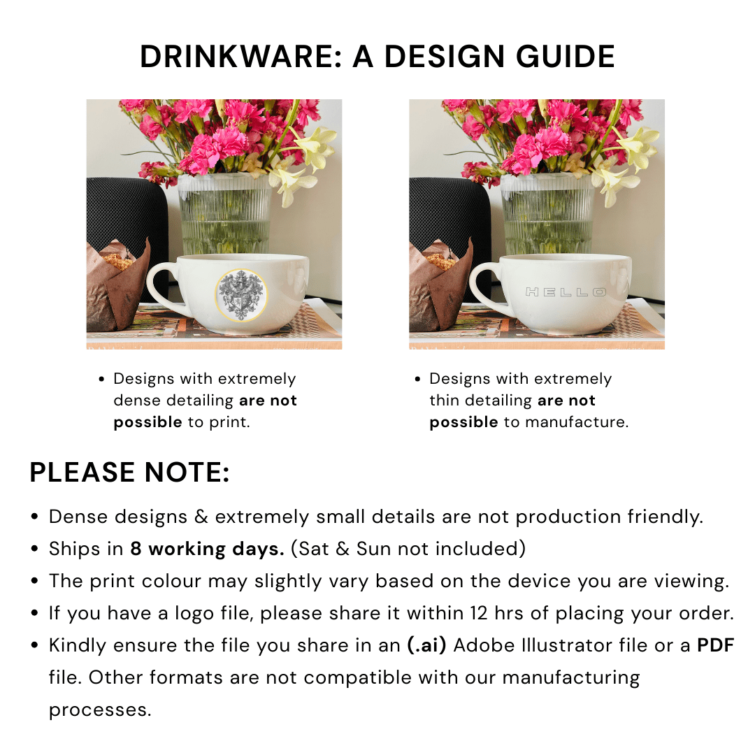 Drinkware design guide with two images of a cup and flowers, text explaining design limitations.