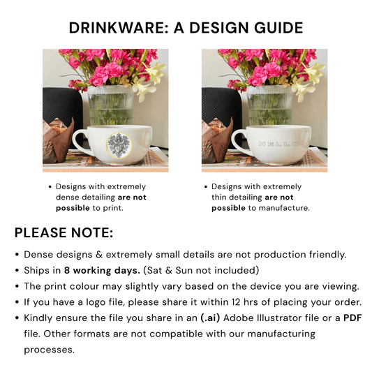 Drinkware design guide with two images of a cup and flowers, text explaining design limitations.
