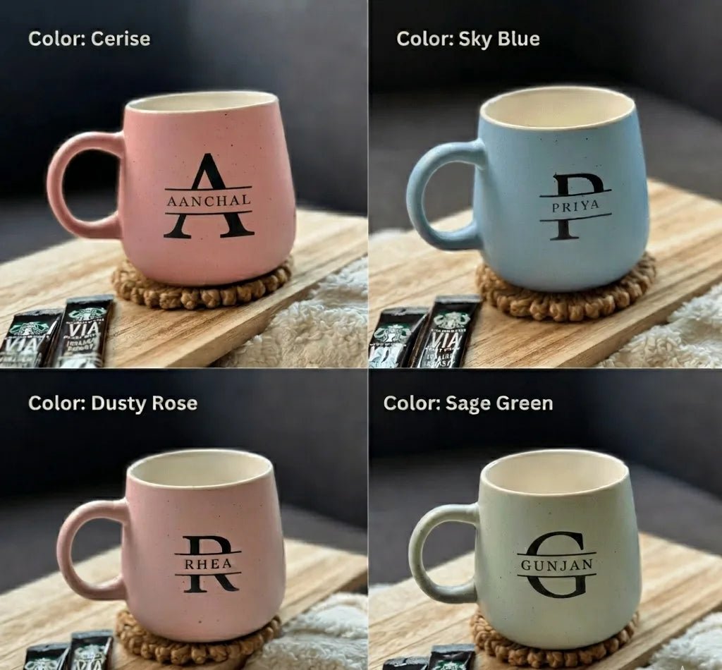 Four mugs in different colors with visible customization 