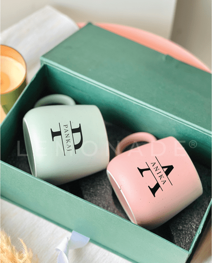 Assorted set of personalized initial pastel ceramic mugs in a gift box