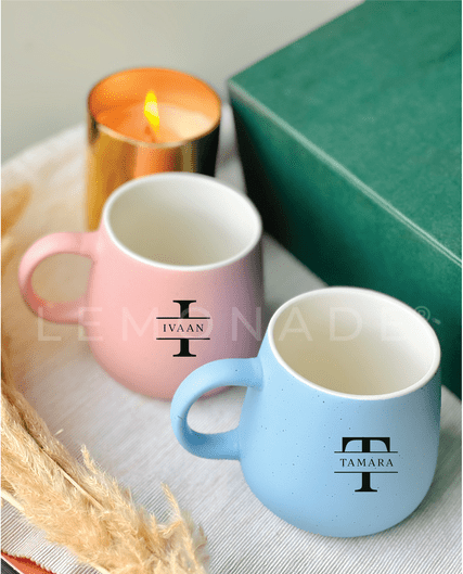 Colorful collection of monogrammed initial mugs for family gifting