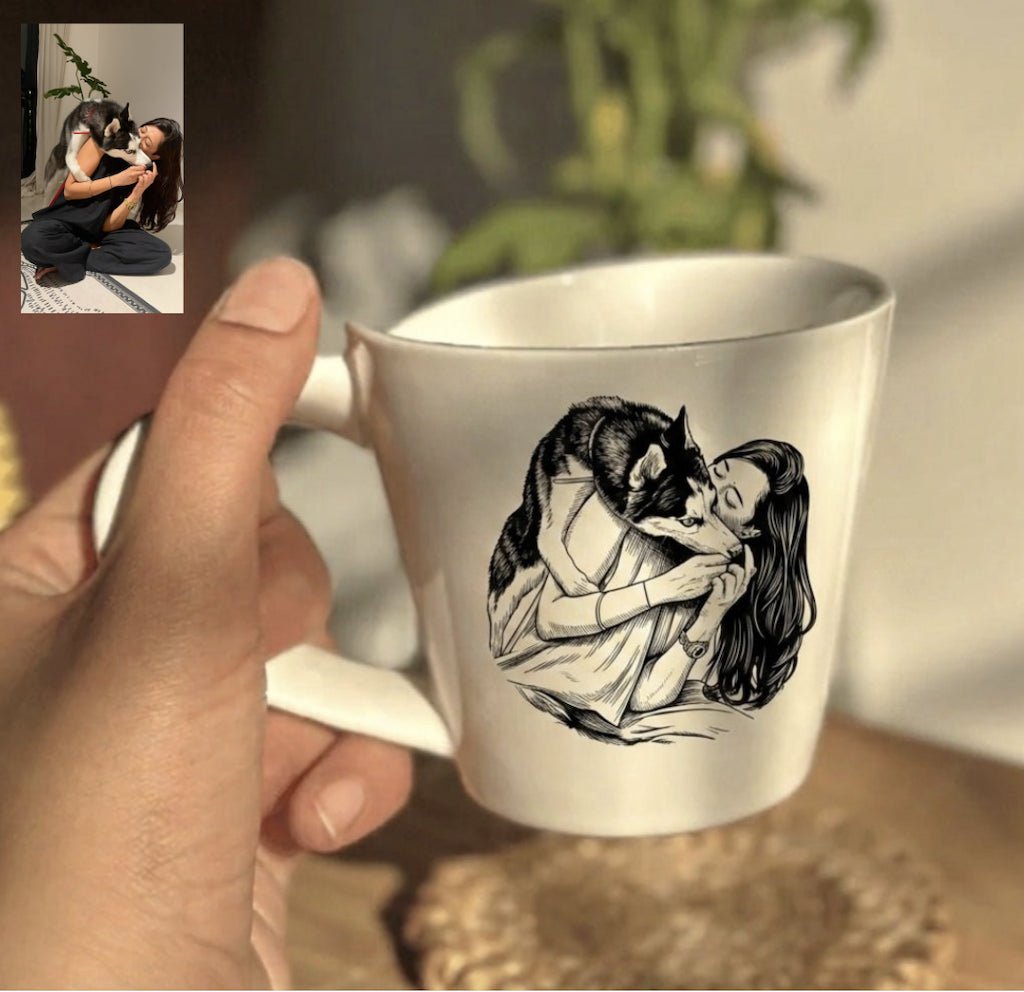 Custom caricature coffee mug featuring illustrated artwork created from an uploaded photo
