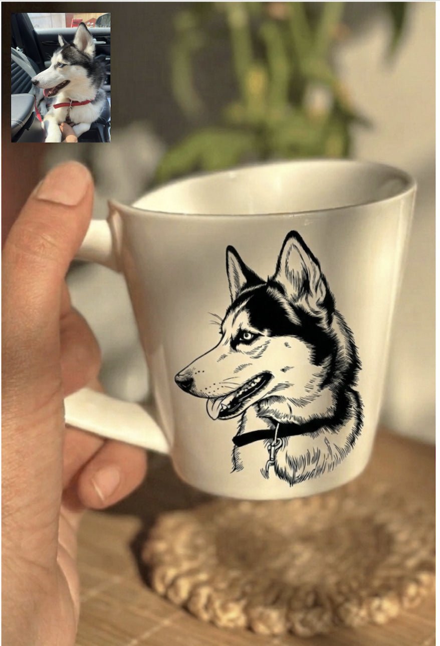 Personalized latte mug featuring a custom photo caricature illustration with vibrant printing, designed for gifting and everyday coffee moments.