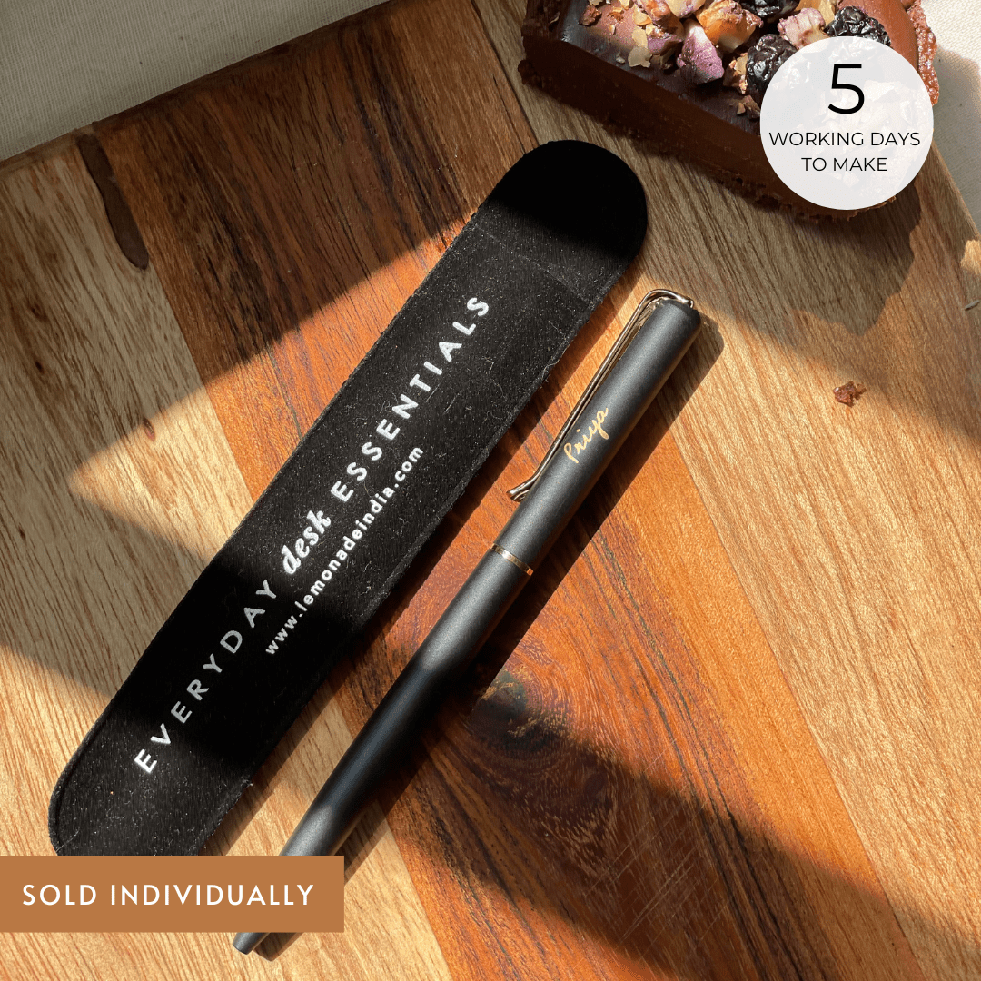 Affordable rollerball pen with custom engraving and blue ink.