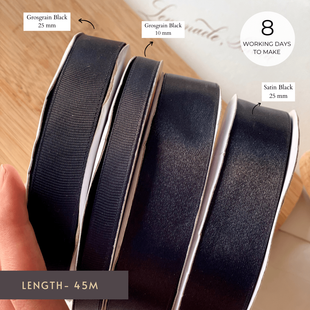 Personalized satin ribbon in vibrant colors for gifts, celebrations, and special events.
Black - LemonadeStationery