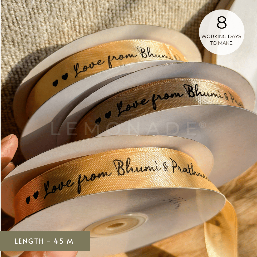 Personalized satin ribbon in vibrant colors for gifts, celebrations, and special events. 