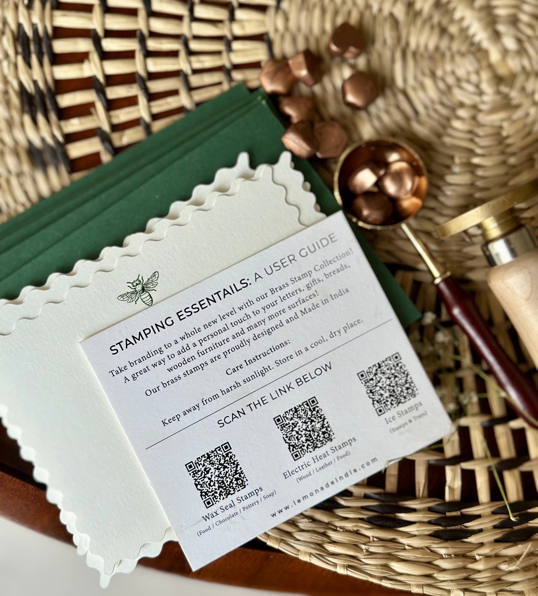 Complete wax seal kit with brass stamp, pouring spoon, wax beads, envelopes and notecards