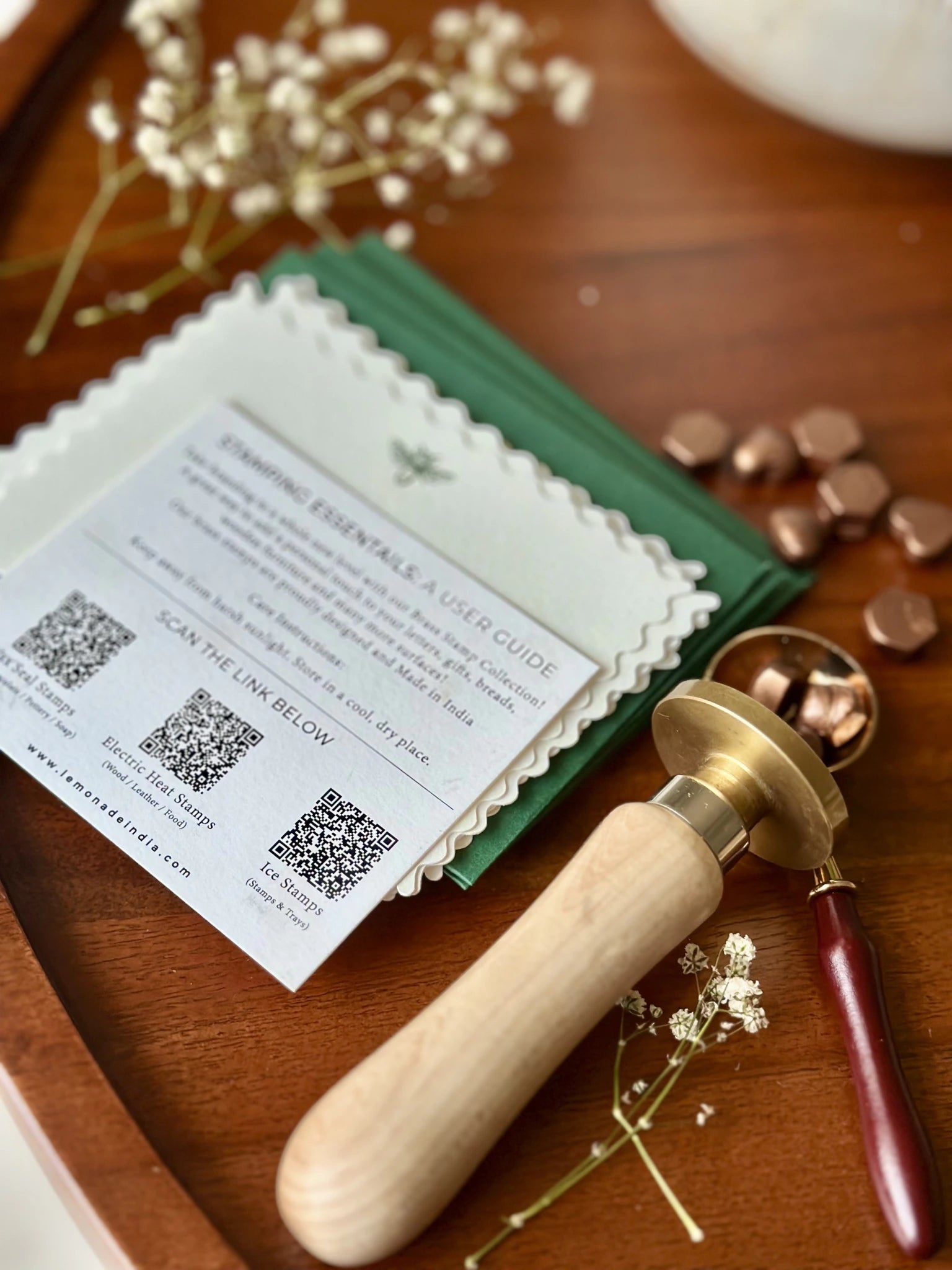 Wedding invitation wax seal kit with brass stamp and stationery set