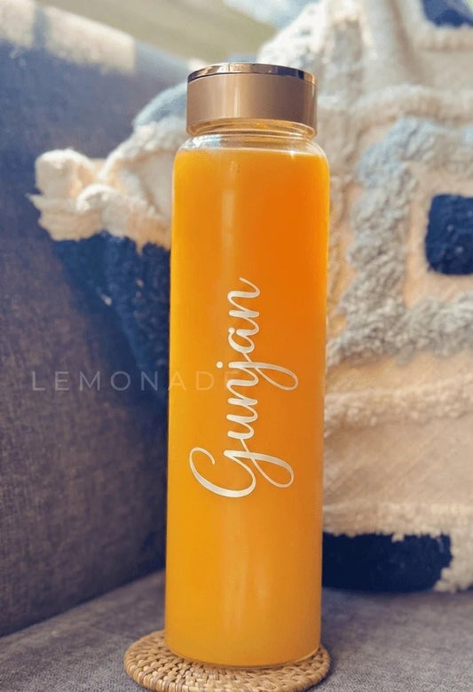 Crystal clear personalized glass water bottle with custom name engraving