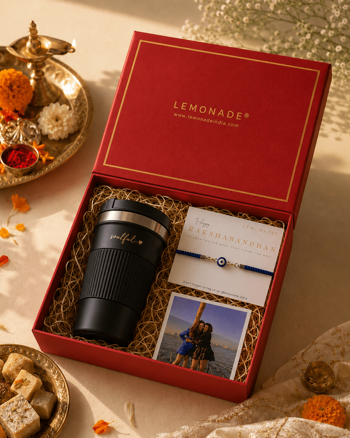 Personalized Travel Mug Rakhi Hamper with custom name travel mug, Rakhi, sweets, and photo notecard in a premium gift box.